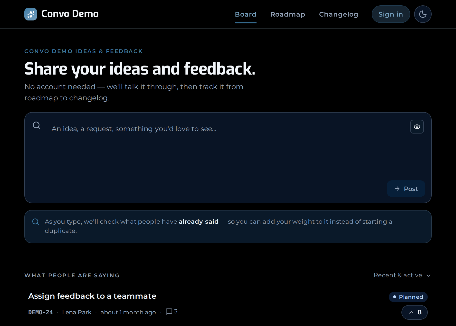 The Convo public product board — a single capture box over the live feed of feedback.