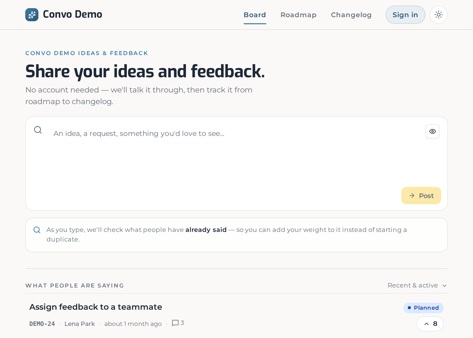 The Convo public product board — a single capture box over the live feed of feedback.