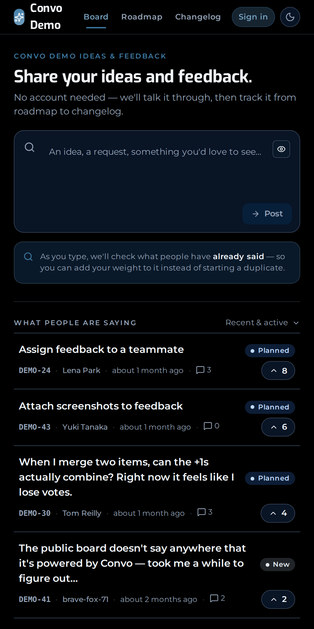 The Convo public product board — a single capture box over the live feed of feedback.