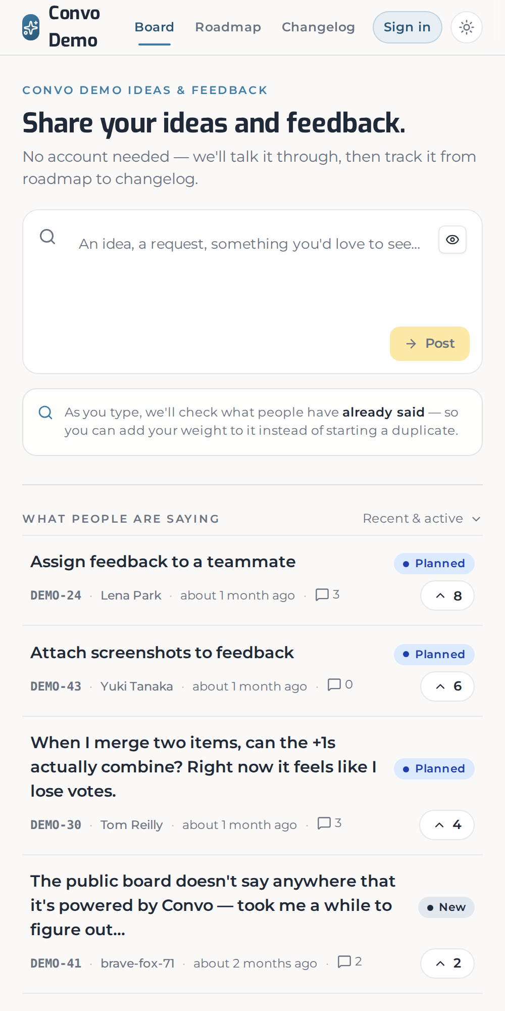 The Convo public product board — a single capture box over the live feed of feedback.