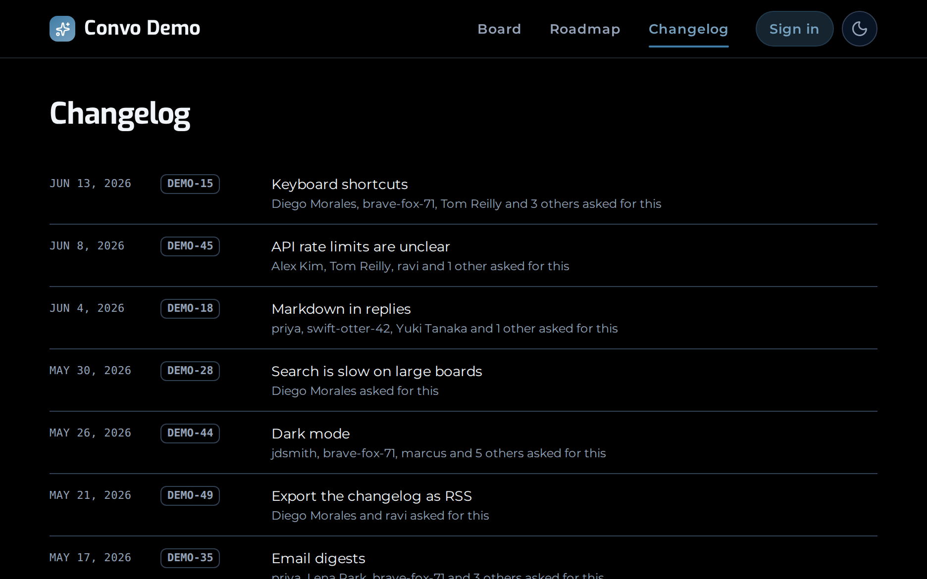 The Convo public changelog — a dated ledger of shipped feedback, newest first.