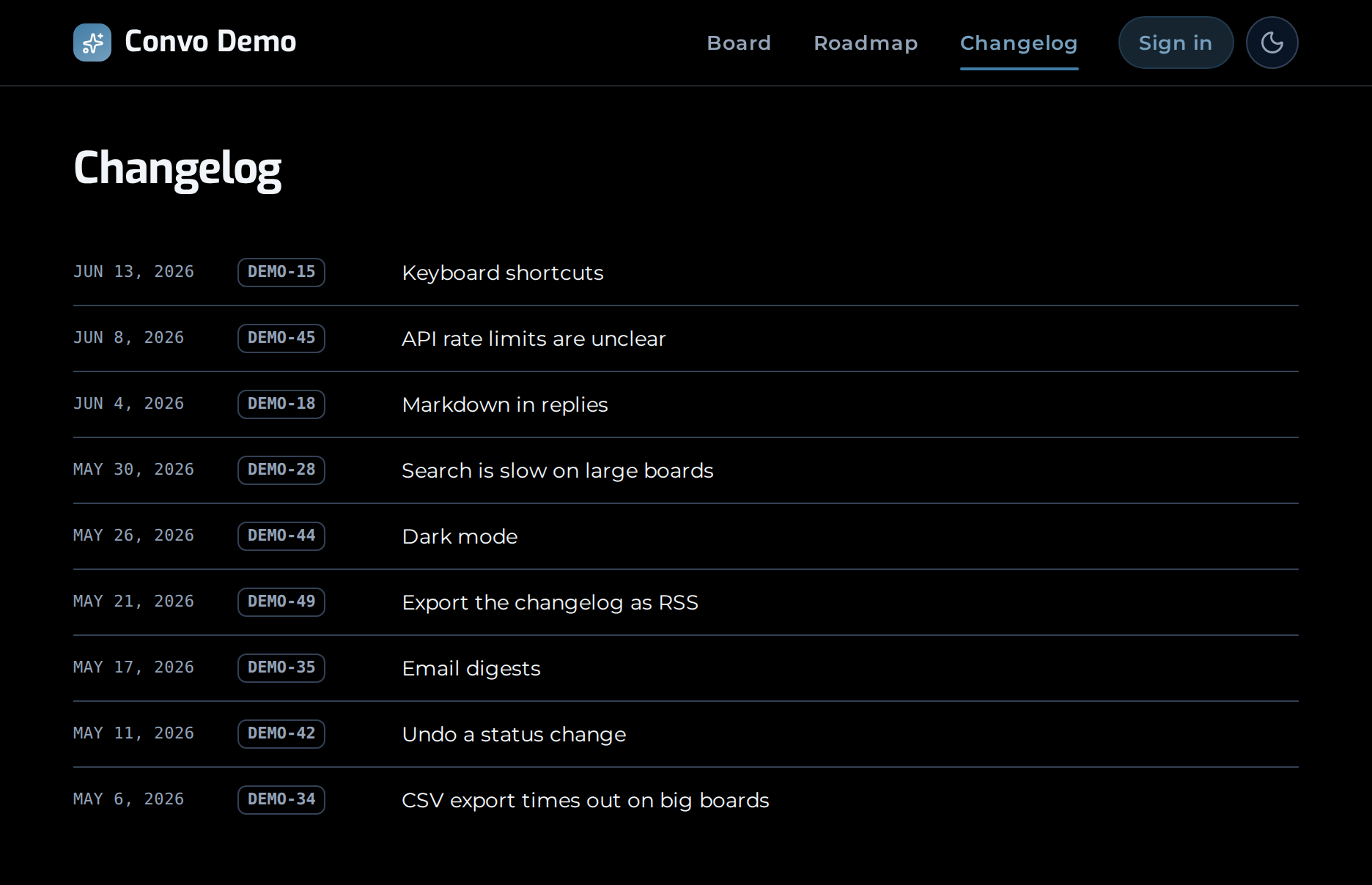 The Convo public changelog — a dated ledger of shipped feedback, newest first.