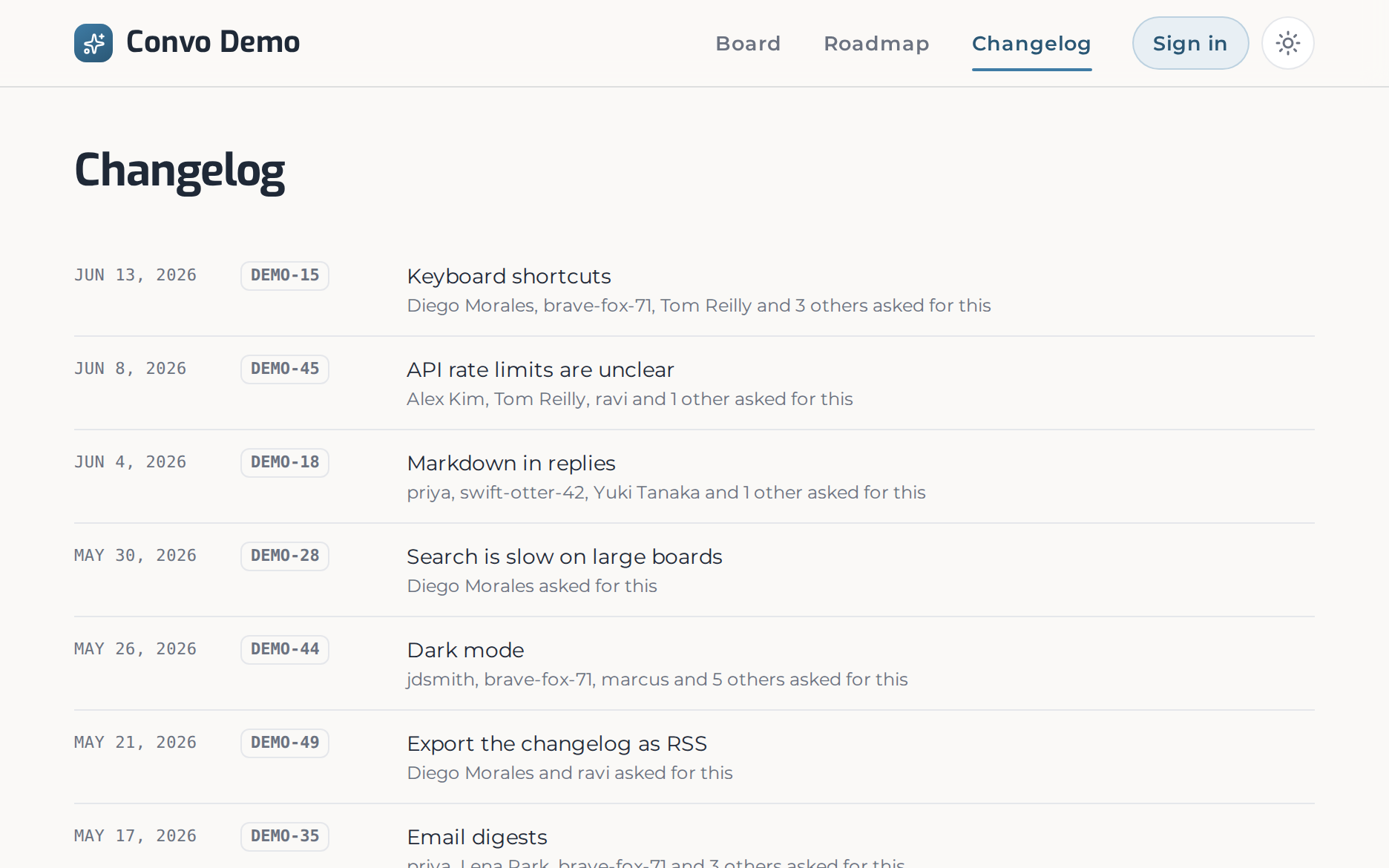 The Convo public changelog — a dated ledger of shipped feedback, newest first.