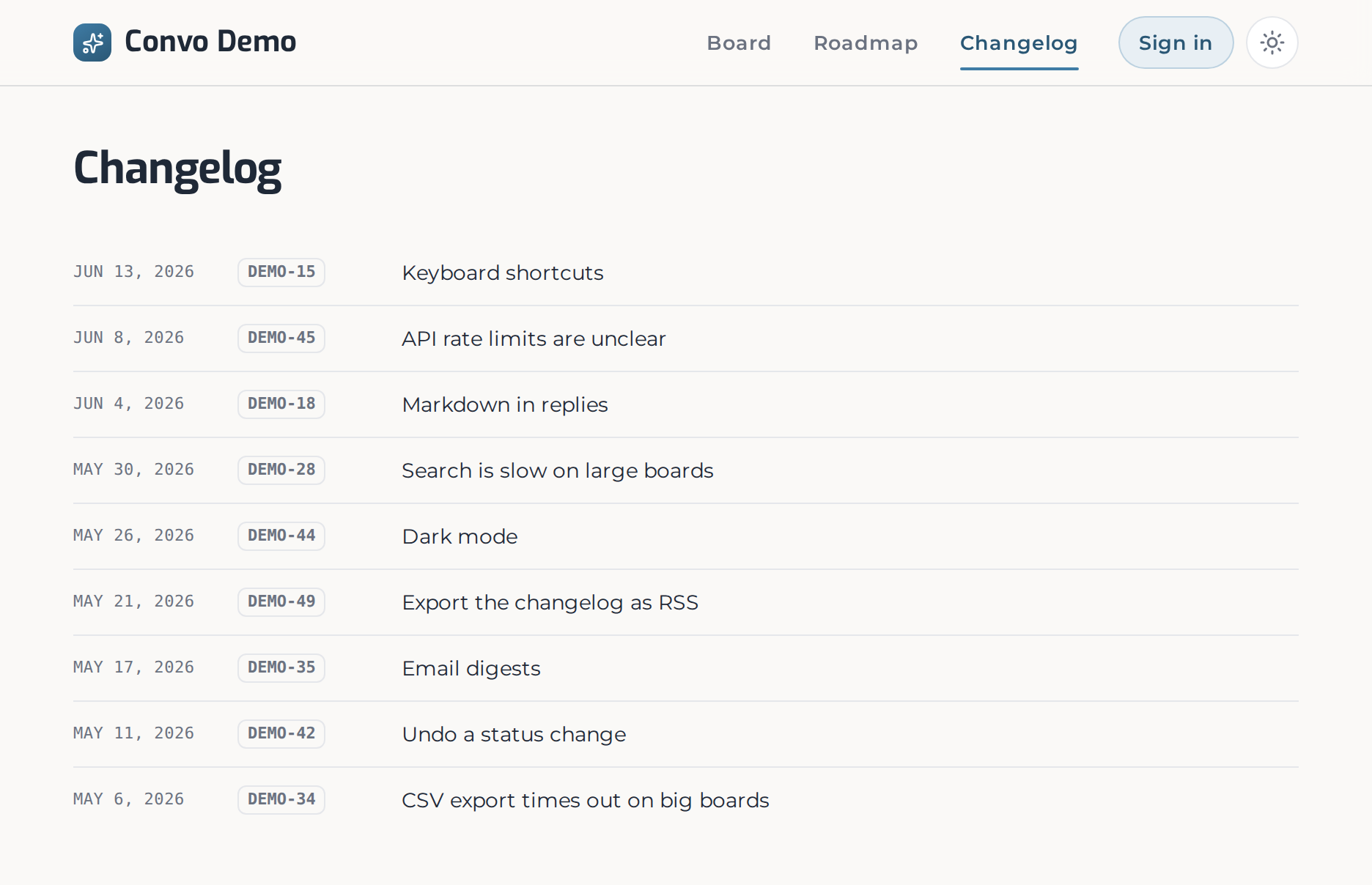 The Convo public changelog — a dated ledger of shipped feedback, newest first.
