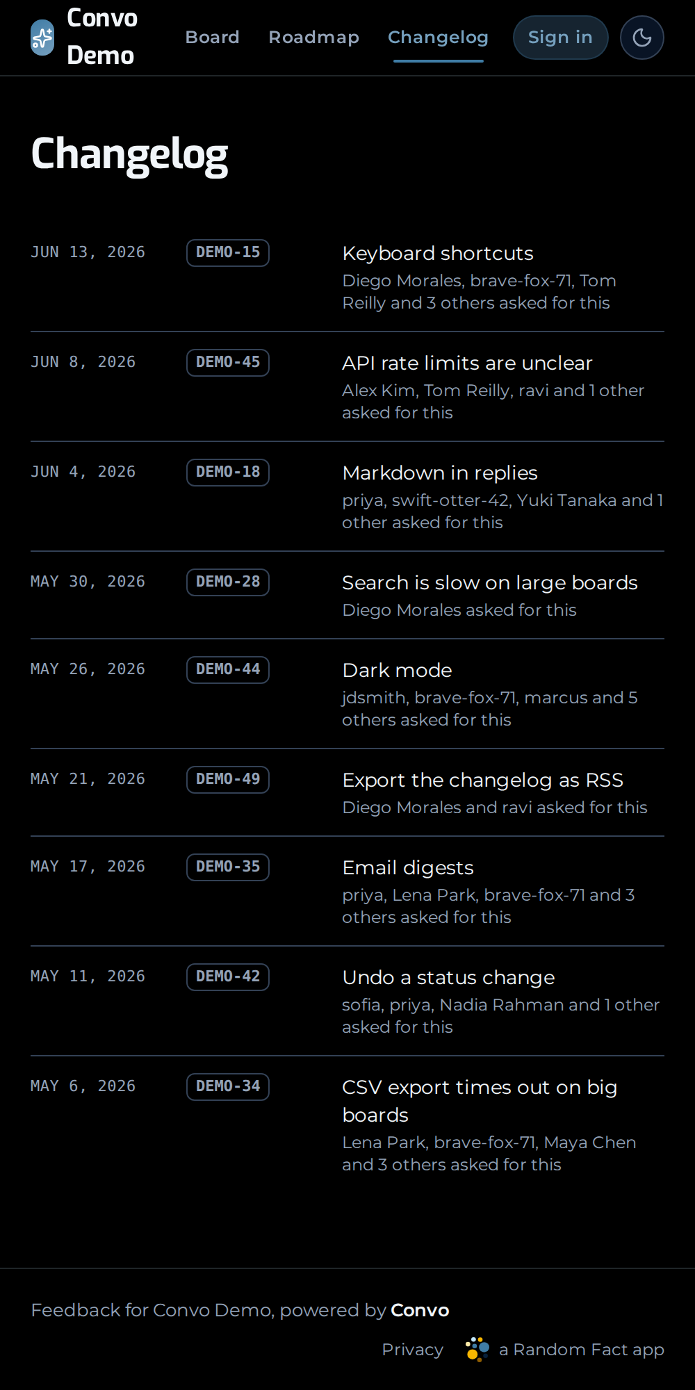 The Convo public changelog — a dated ledger of shipped feedback, newest first.