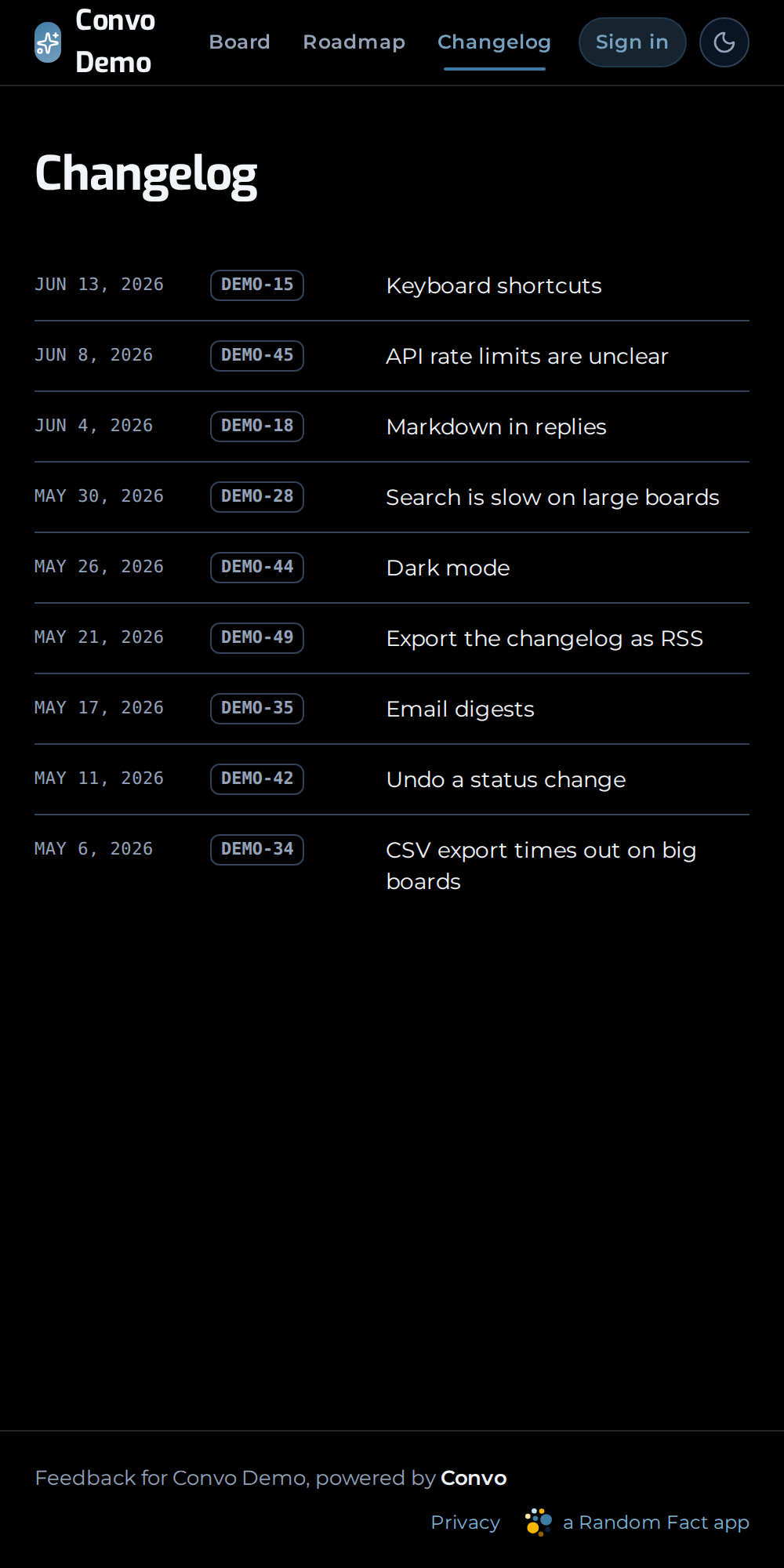 The Convo public changelog — a dated ledger of shipped feedback, newest first.