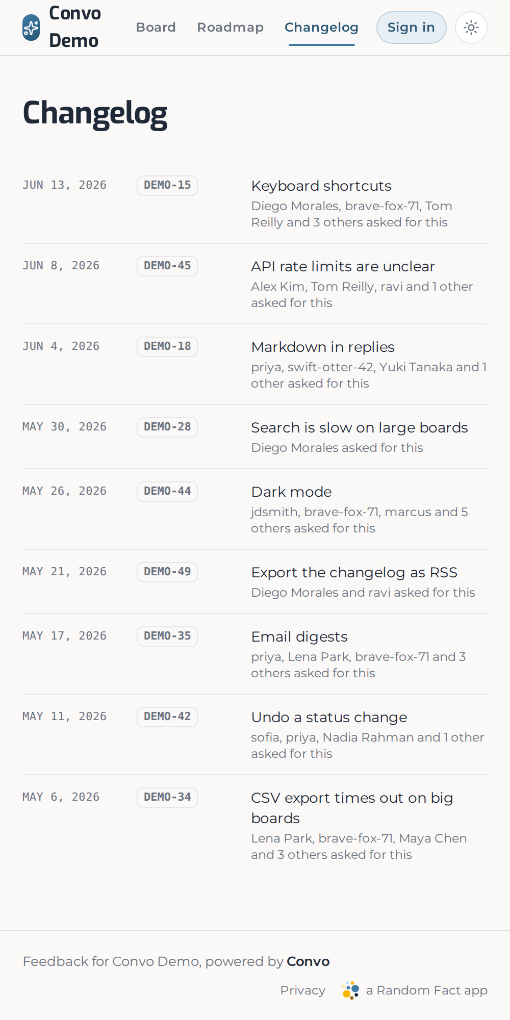 The Convo public changelog — a dated ledger of shipped feedback, newest first.