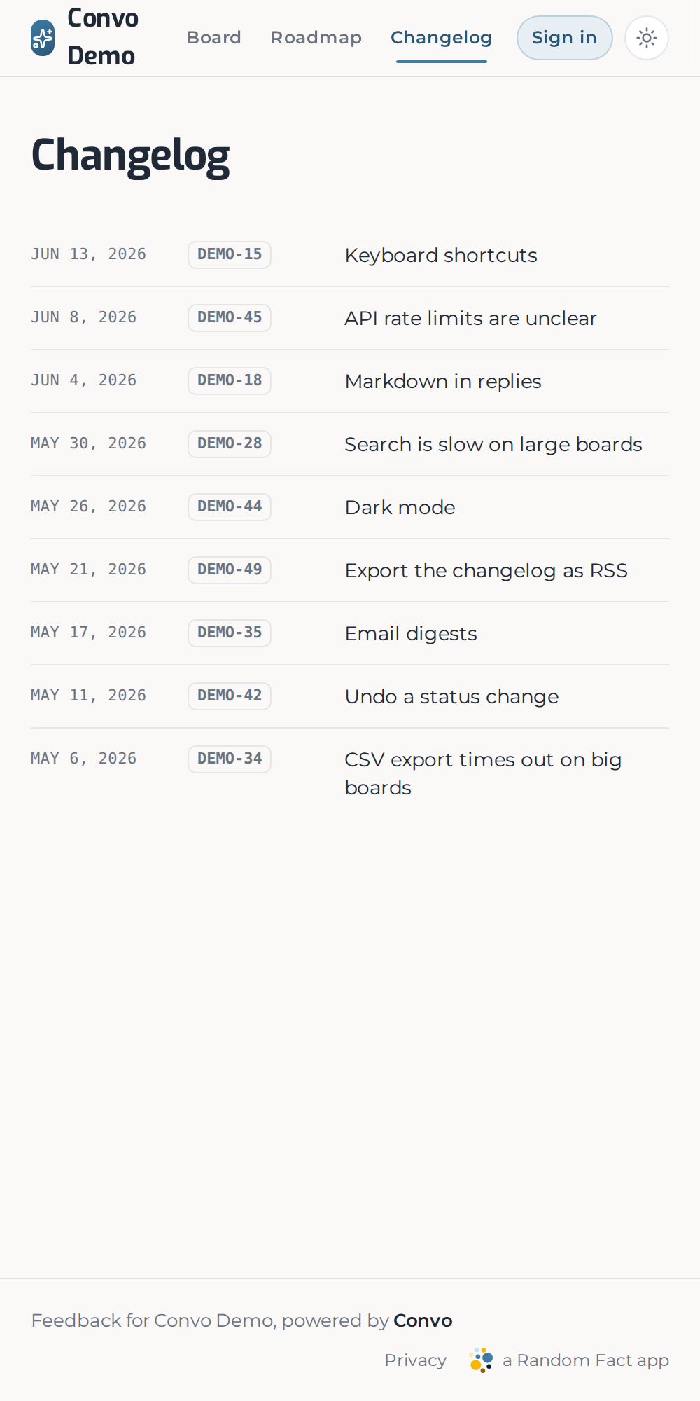 The Convo public changelog — a dated ledger of shipped feedback, newest first.