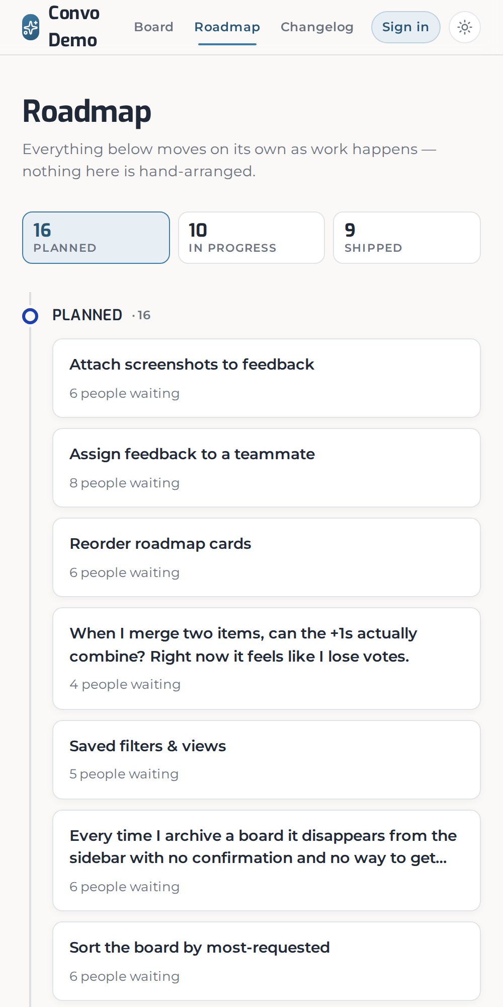 The Convo public roadmap — Planned, In progress, and Shipped, moving on their own as work happens.