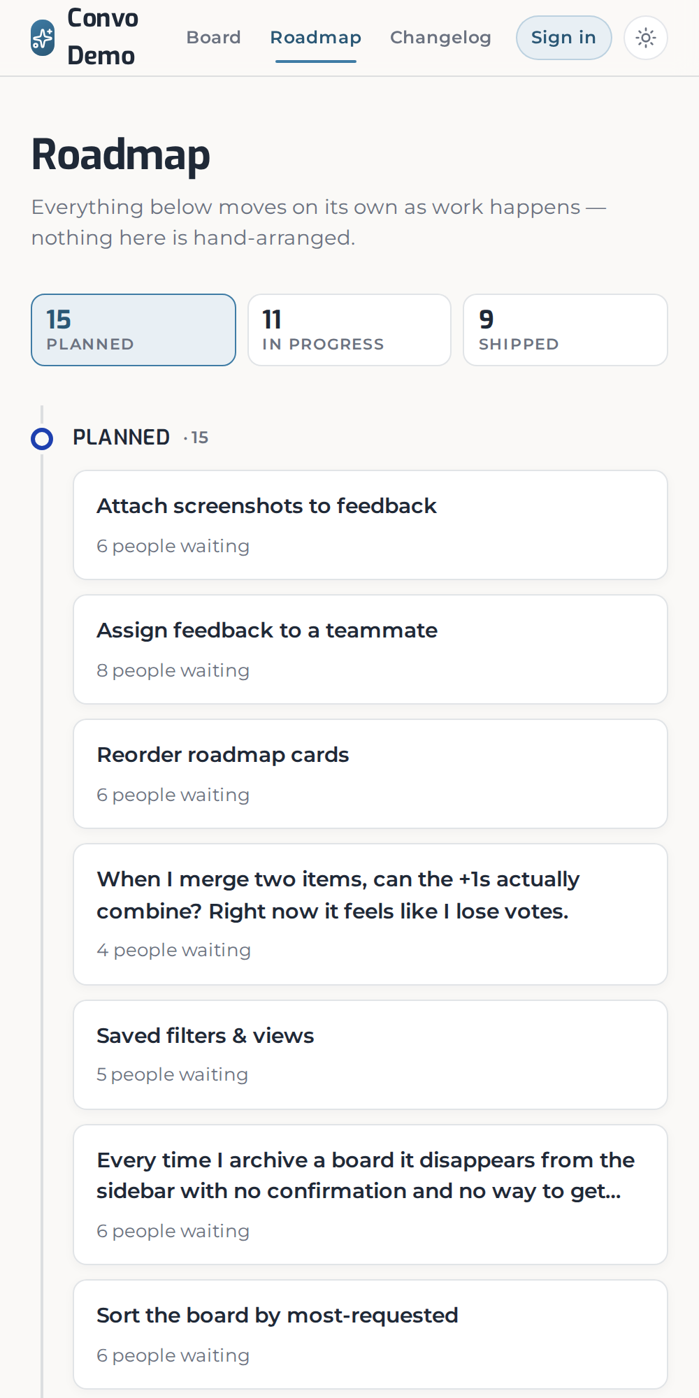 The Convo public roadmap — Planned, In progress, and Shipped, moving on their own as work happens.