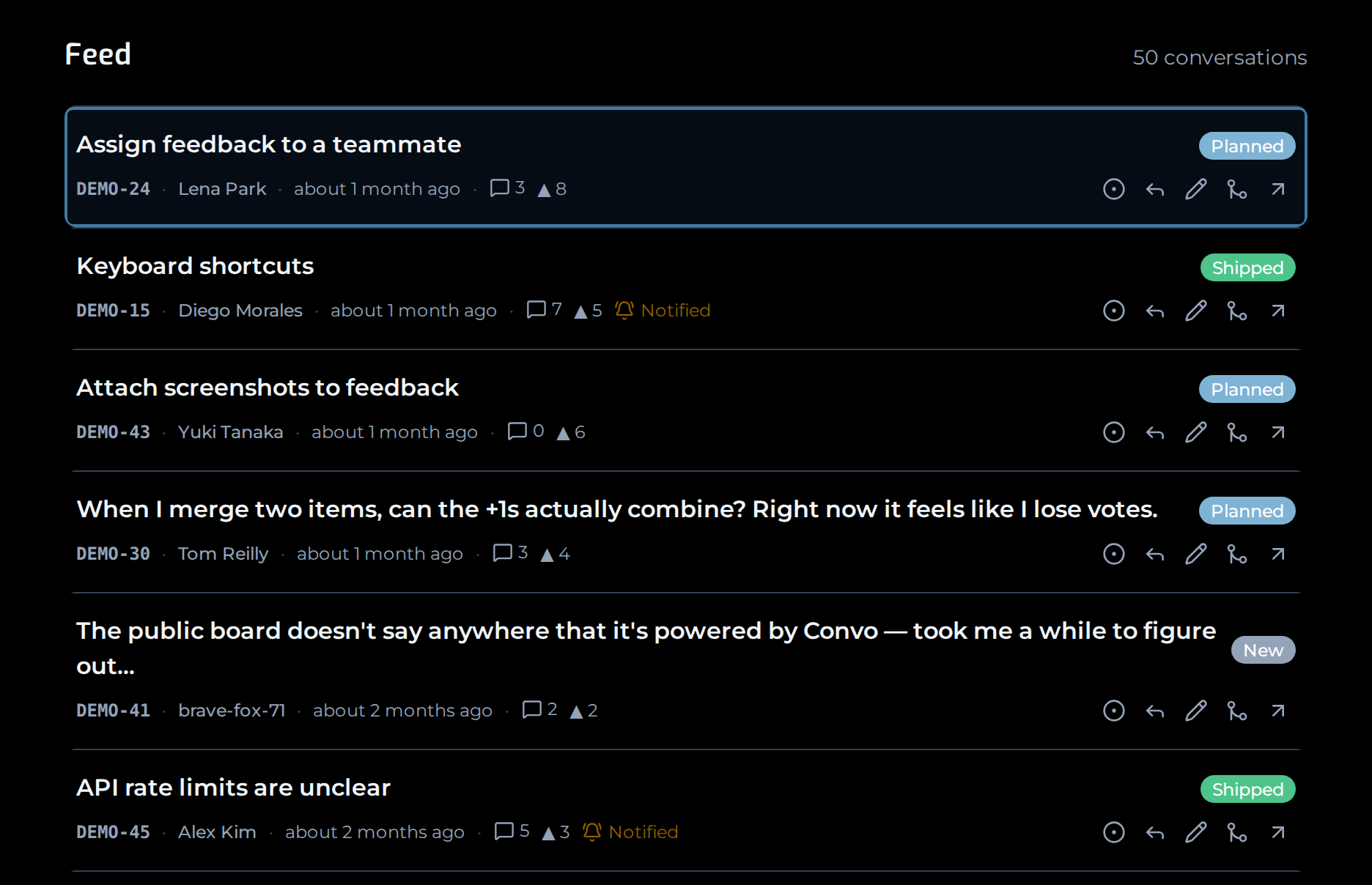 The Convo maker feed — every piece of feedback, newest first, with fast per-row triage actions.