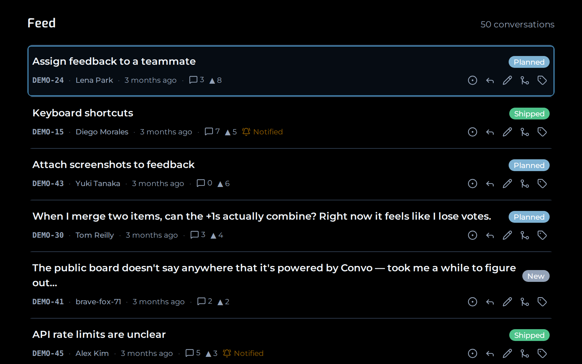 The Convo maker feed — every piece of feedback, newest first, with fast per-row triage actions.
