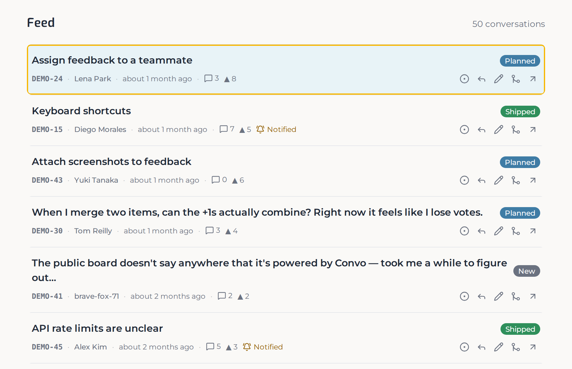 The Convo maker feed — every piece of feedback, newest first, with fast per-row triage actions.