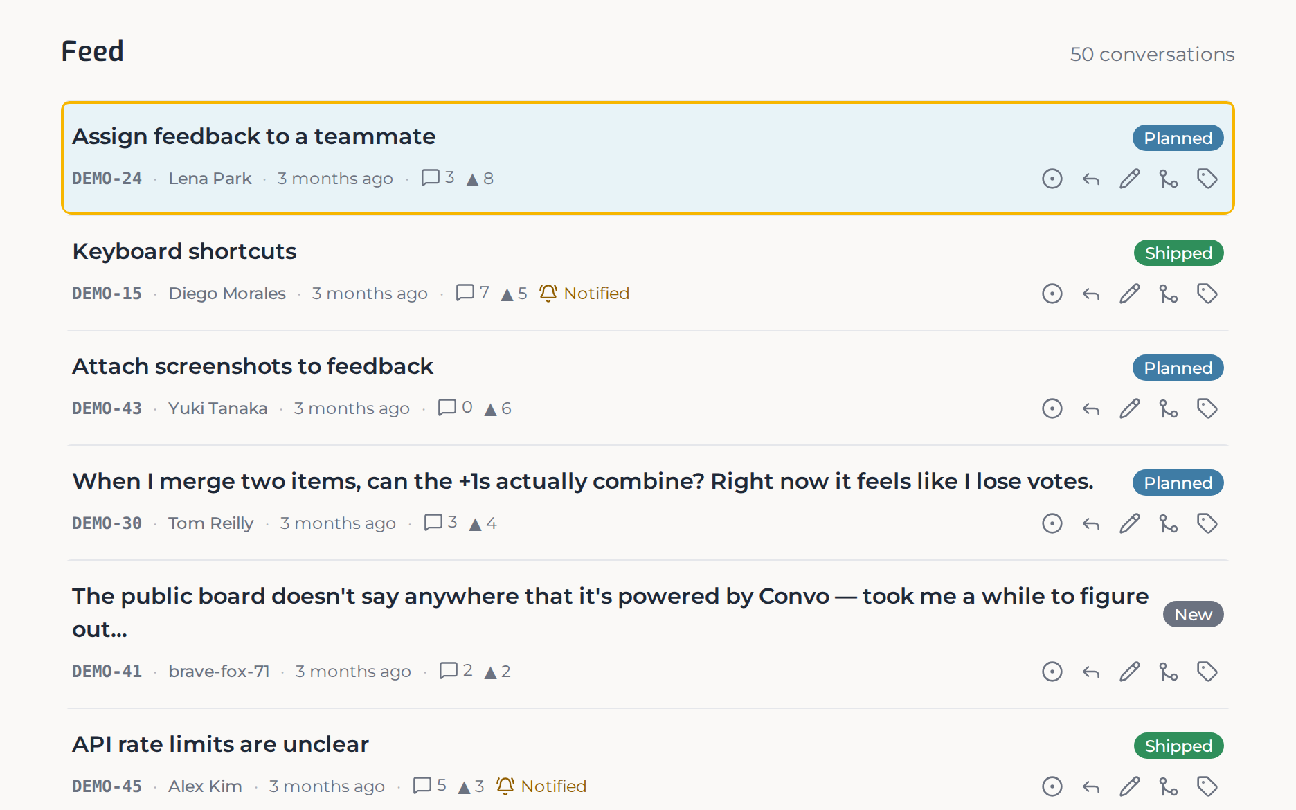 The Convo maker feed — every piece of feedback, newest first, with fast per-row triage actions.