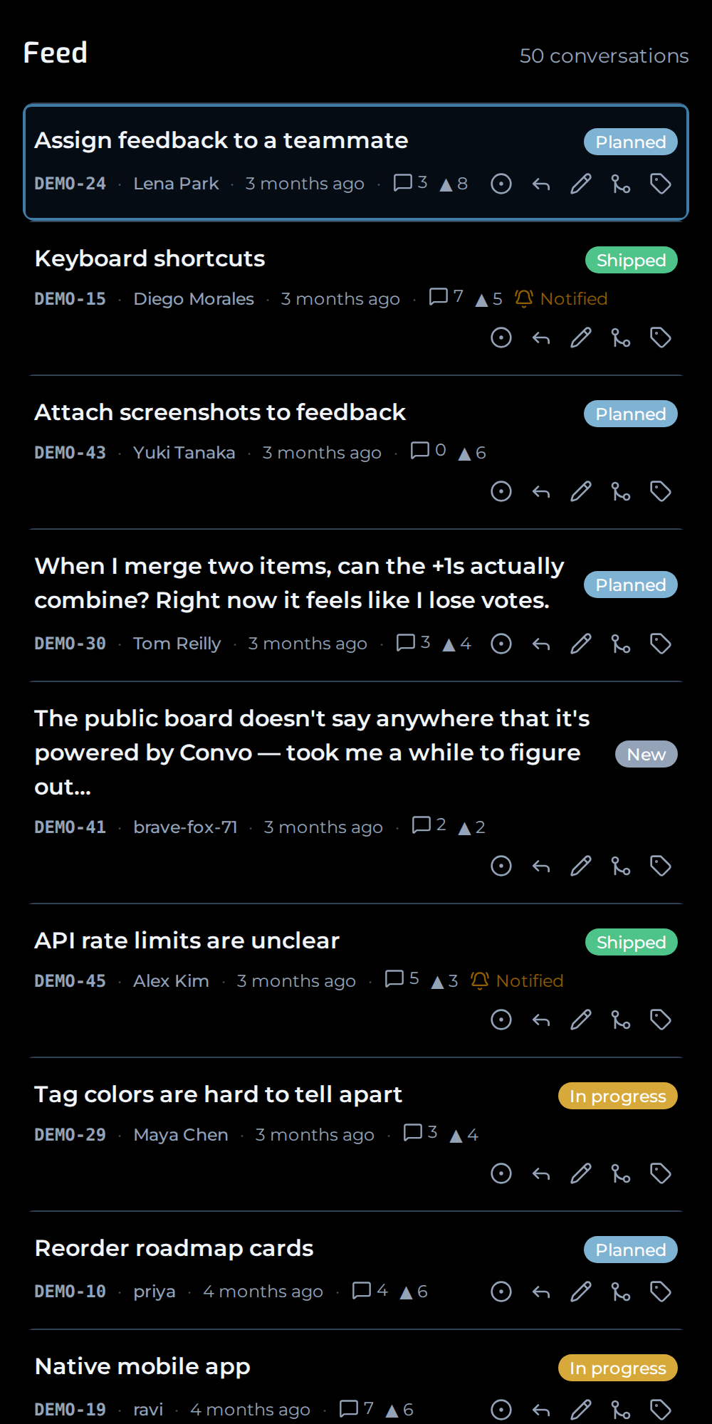 The Convo maker feed — every piece of feedback, newest first, with fast per-row triage actions.