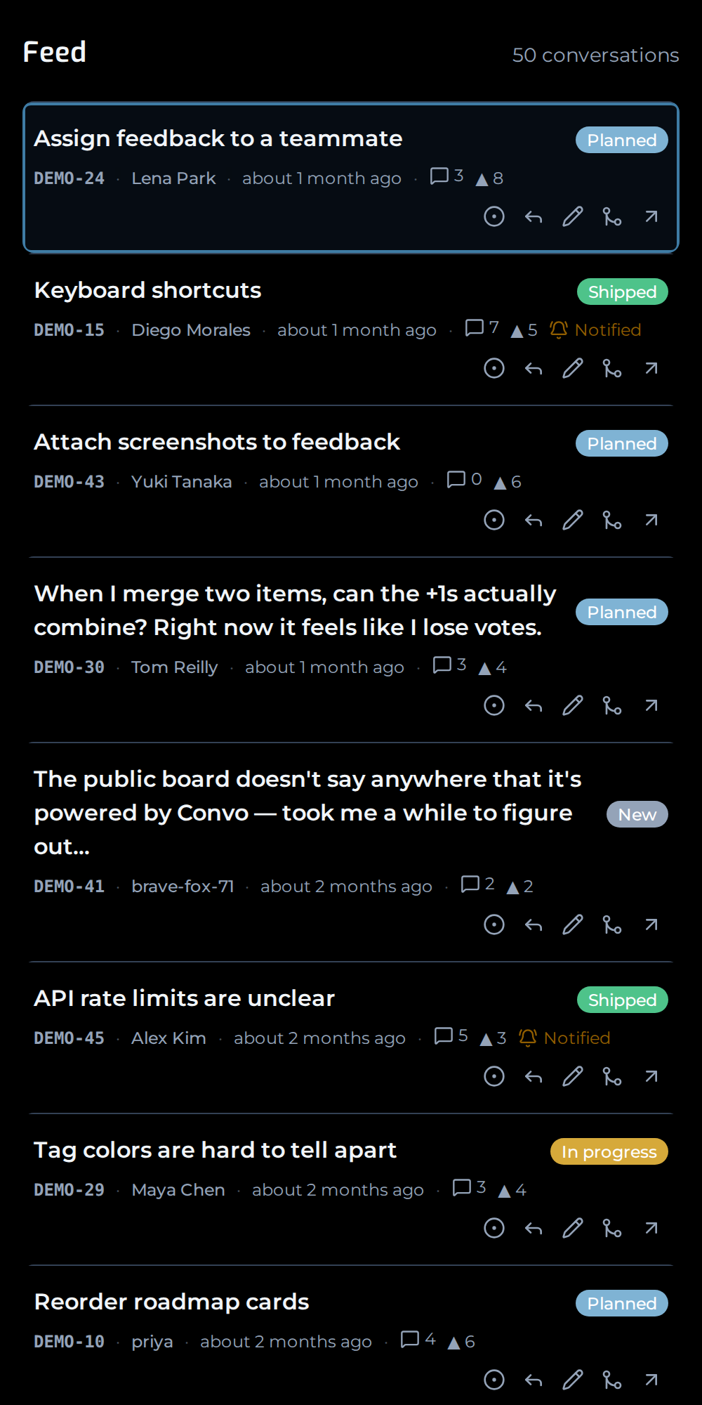 The Convo maker feed — every piece of feedback, newest first, with fast per-row triage actions.