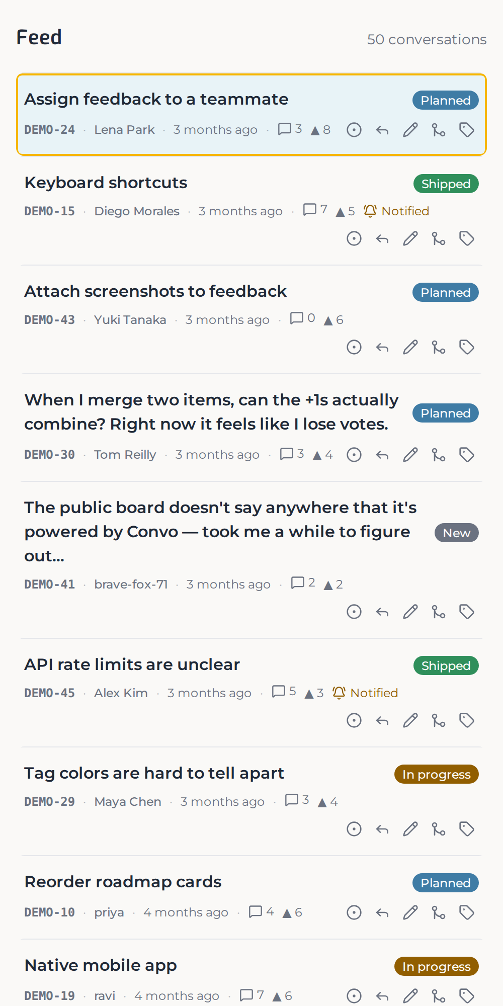 The Convo maker feed — every piece of feedback, newest first, with fast per-row triage actions.