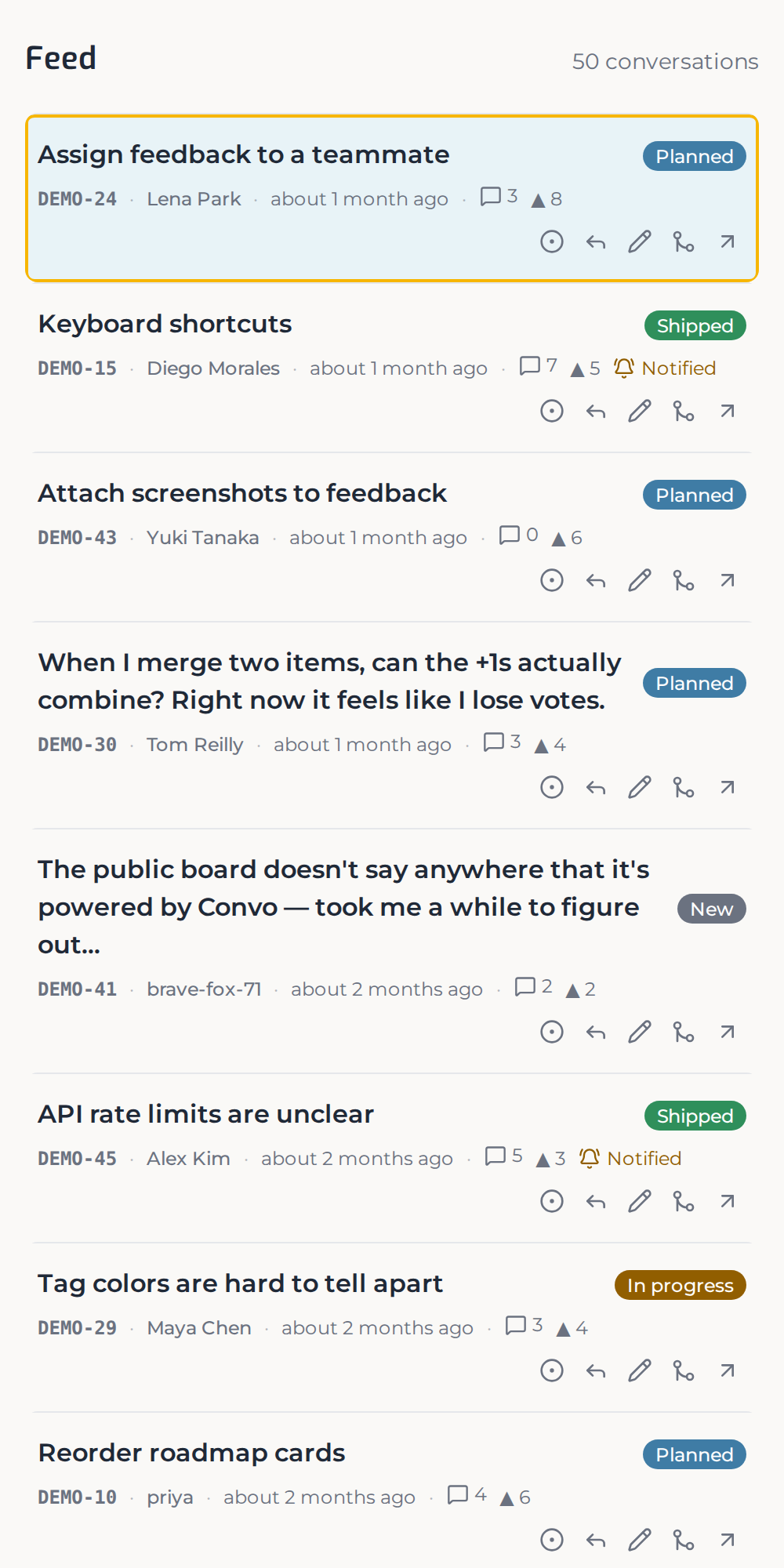The Convo maker feed — every piece of feedback, newest first, with fast per-row triage actions.